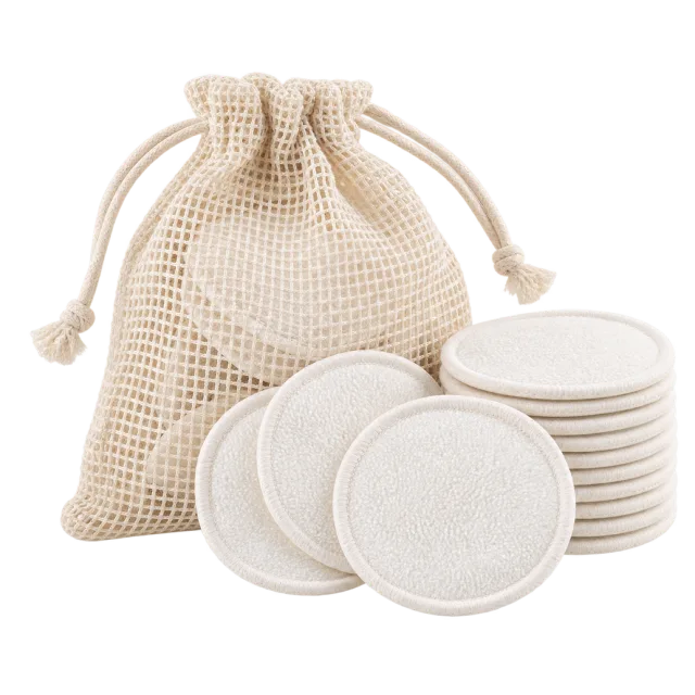 Realistic-style illustration of reusable cotton cleansing pads in mesh pouch