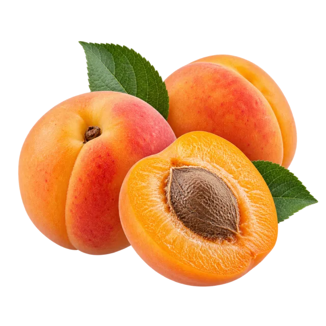 Orange apricots with green leaves and a cut half showing its brown stone