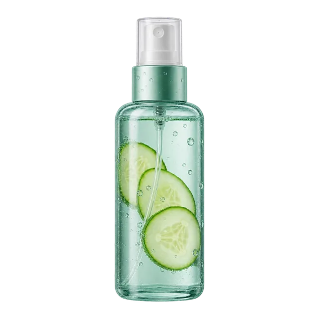 Realistic-style illustration of aqua facial mist bottle with cucumber slices