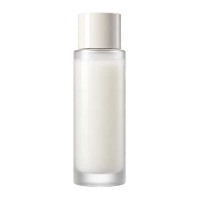 Realistic-style illustration of milky toner in frosted white bottle