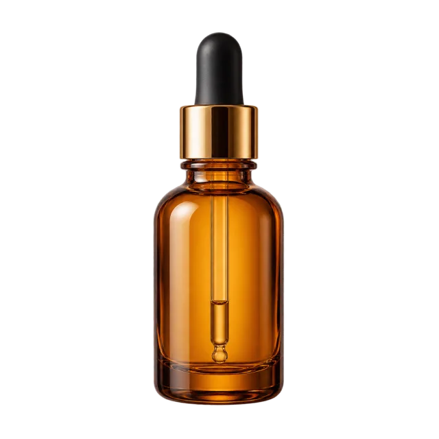 Realistic-style illustration of amber essence dropper bottle
