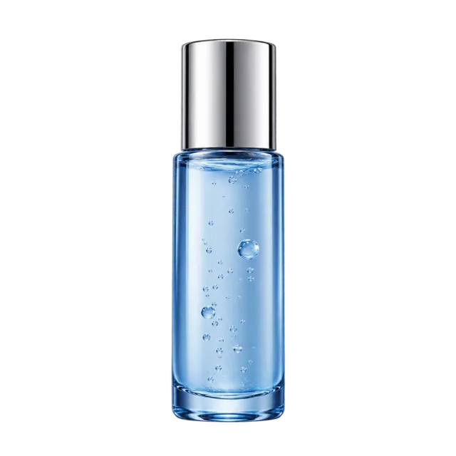 Realistic-style illustration of blue facial essence with silver cap