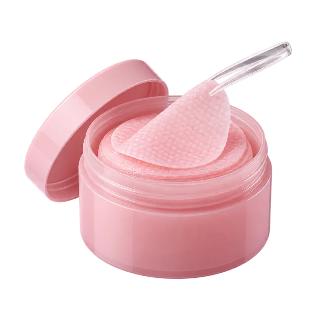 Realistic-style illustration of pink toner pads in open jar with tweezers