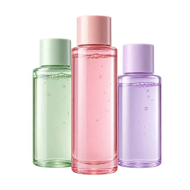 Realistic-style illustration of three pastel toner bottles arranged together
