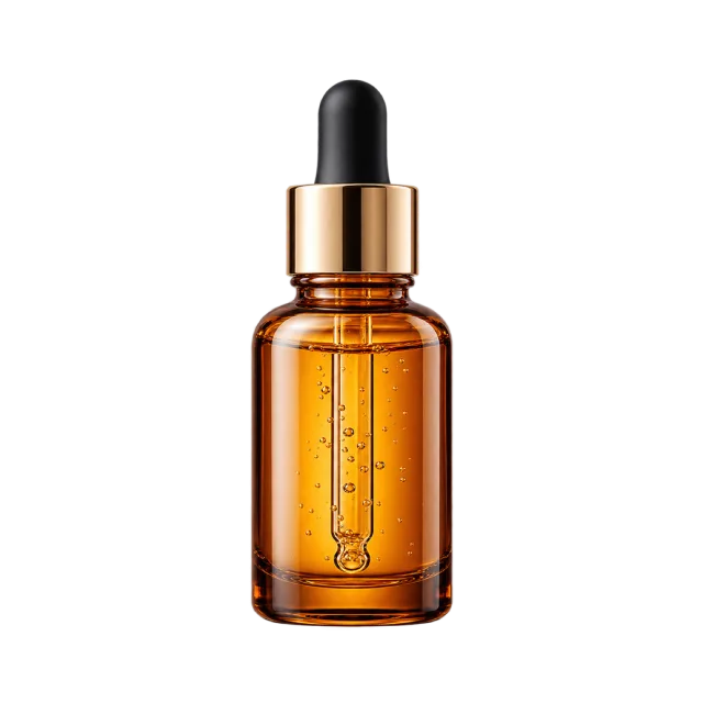 Realistic-style illustration of amber facial serum dropper bottle
