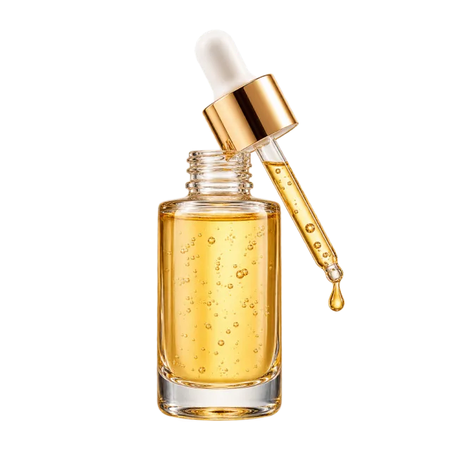 Realistic-style illustration of clear facial serum with golden liquid and pipette