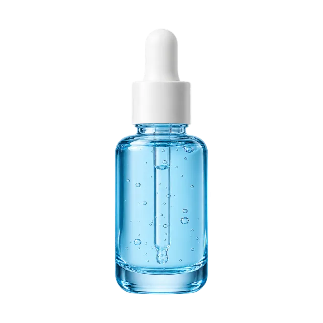 Realistic-style illustration of blue serum bottle with white dropper