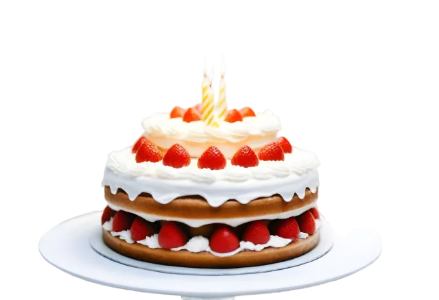 White cream layer cake filled and topped with strawberries on a white plate on a transparent background