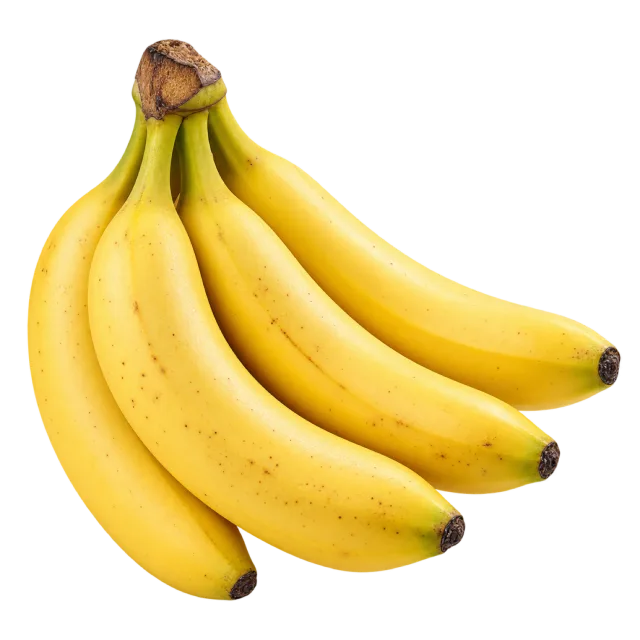 A curved bunch of yellow bananas joined at a brown-tipped stem