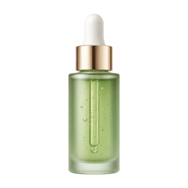Realistic-style illustration of green facial serum in frosted glass bottle