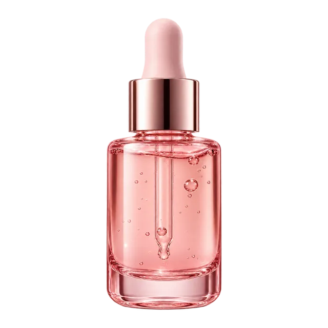 Realistic-style illustration of pink facial oil dropper bottle
