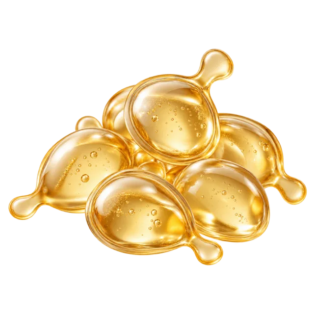 Realistic-style illustration of small golden serum capsule cluster
