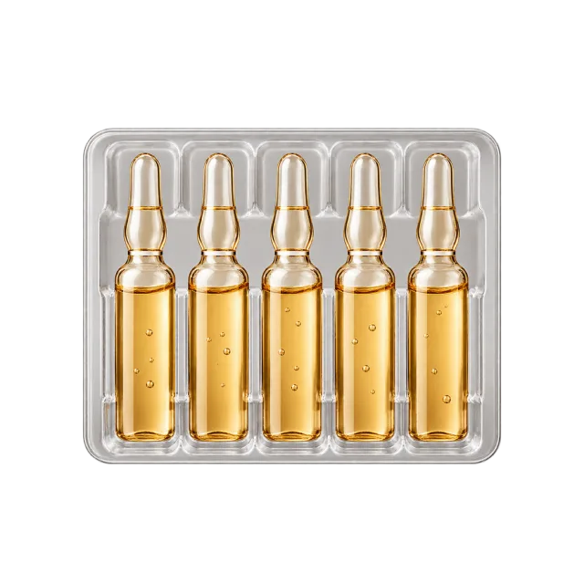 Realistic-style illustration of glass facial ampoules in tray