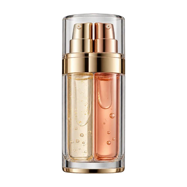 Realistic-style illustration of dual chamber facial serum dispenser