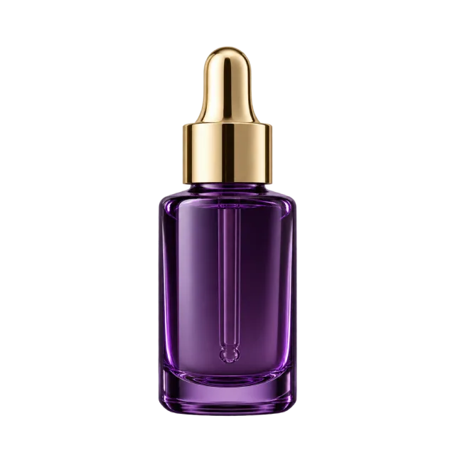 Realistic-style illustration of dark violet facial oil bottle with gold dropper