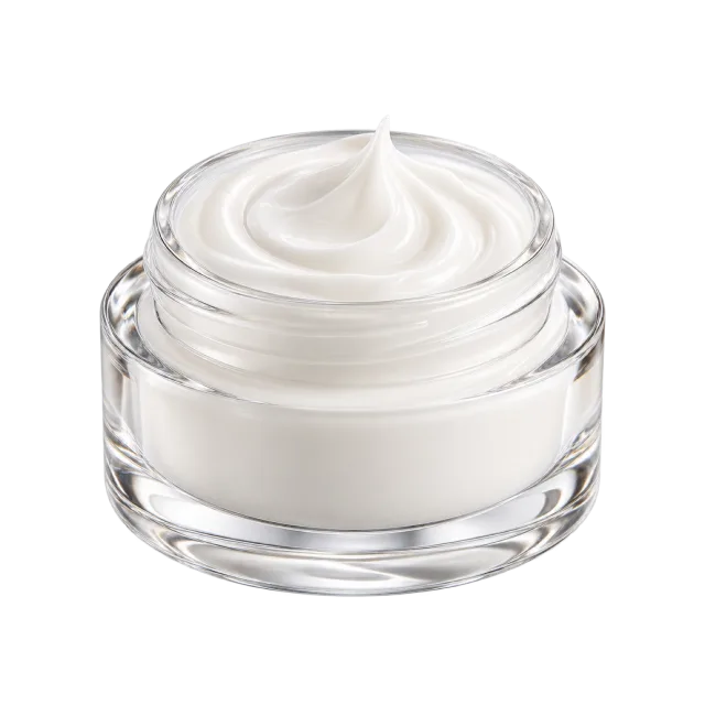 Realistic-style illustration of white face cream swirl in open glass jar
