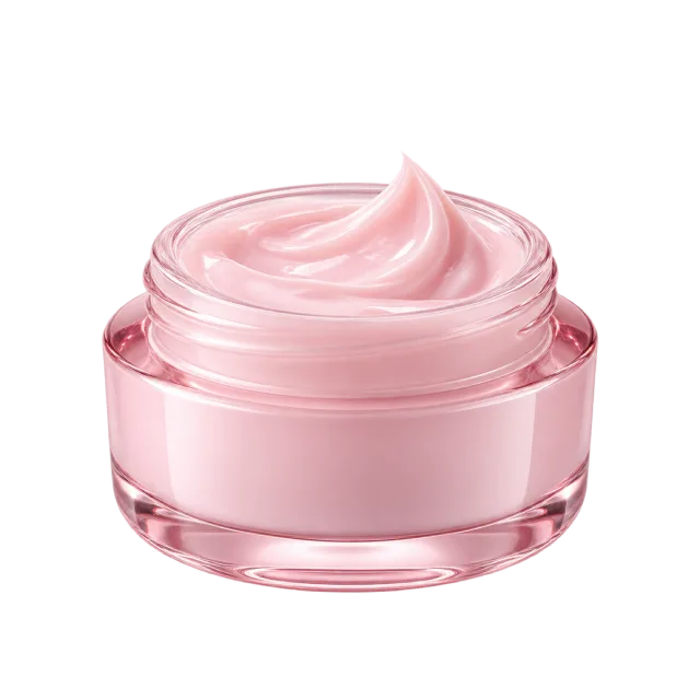 Realistic-style illustration of pink face cream in round jar