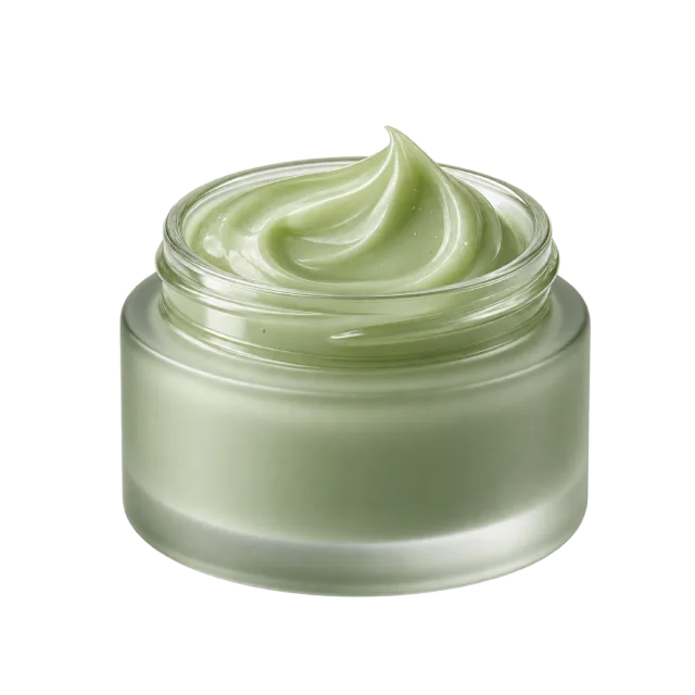 Realistic-style illustration of sage green gel cream in open frosted jar