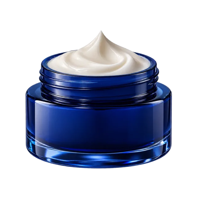 Realistic-style illustration of white cream in dark blue jar
