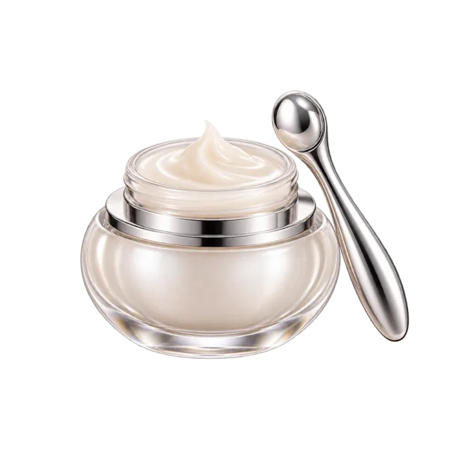 Realistic-style illustration of eye cream in tiny pearl jar with silver applicator