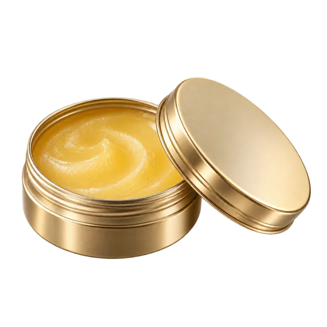 Realistic-style illustration of golden face balm in open metal tin