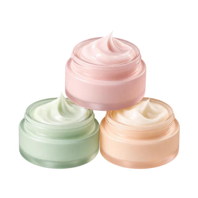 Realistic-style illustration of travel face cream trio in pastel pots
