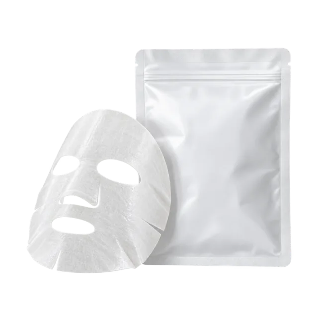 Realistic-style illustration of folded white sheet face mask beside blank pouch