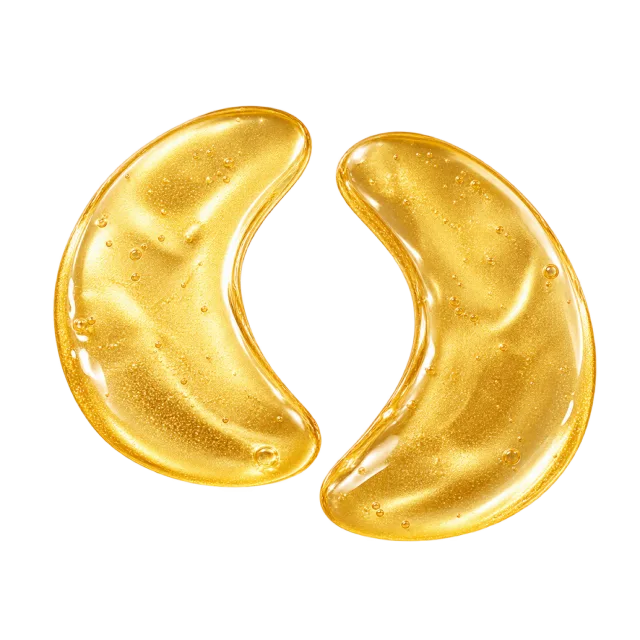 Realistic-style illustration of pair of gold crescent under eye gel patches