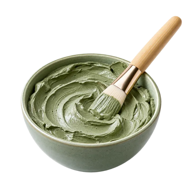 Realistic-style illustration of green clay face mask in open bowl with brush