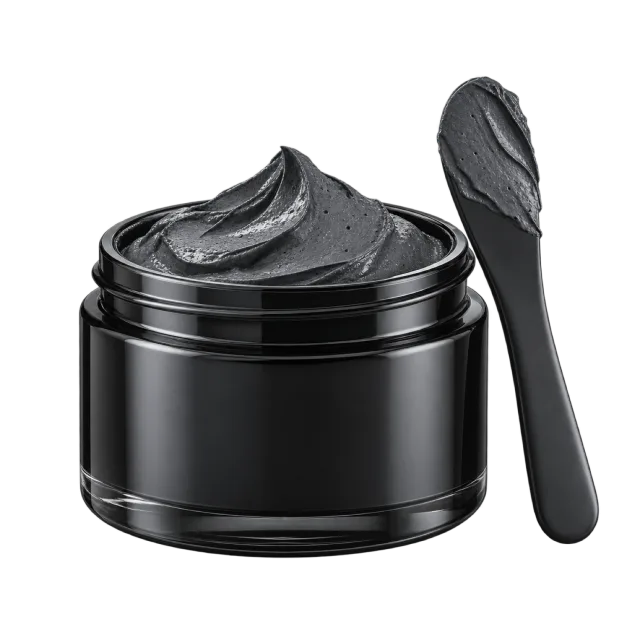 Realistic-style illustration of dark gray mask in black jar with spatula