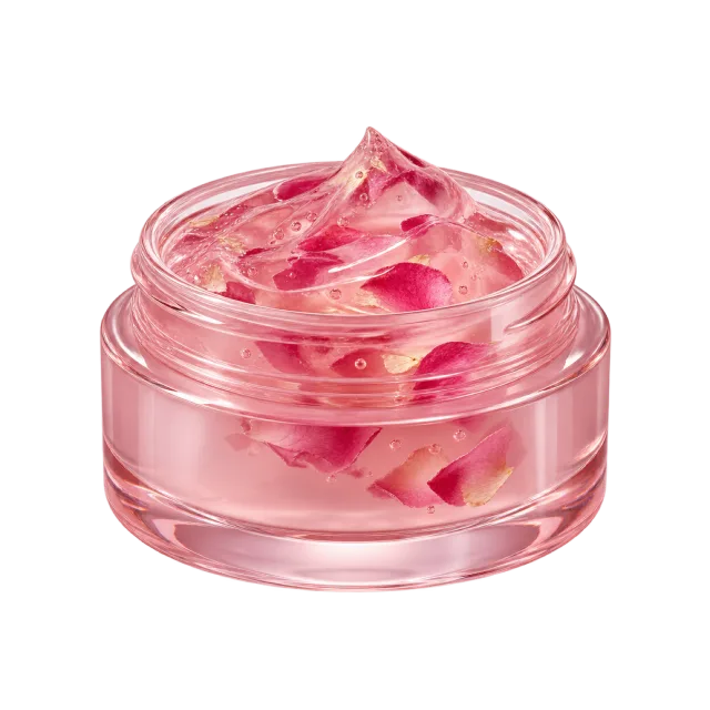 Realistic-style illustration of pink jelly mask in open jar