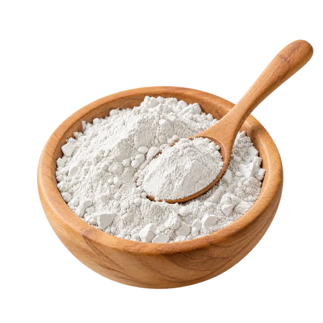 Realistic-style illustration of white cosmetic powder in bowl with spoon