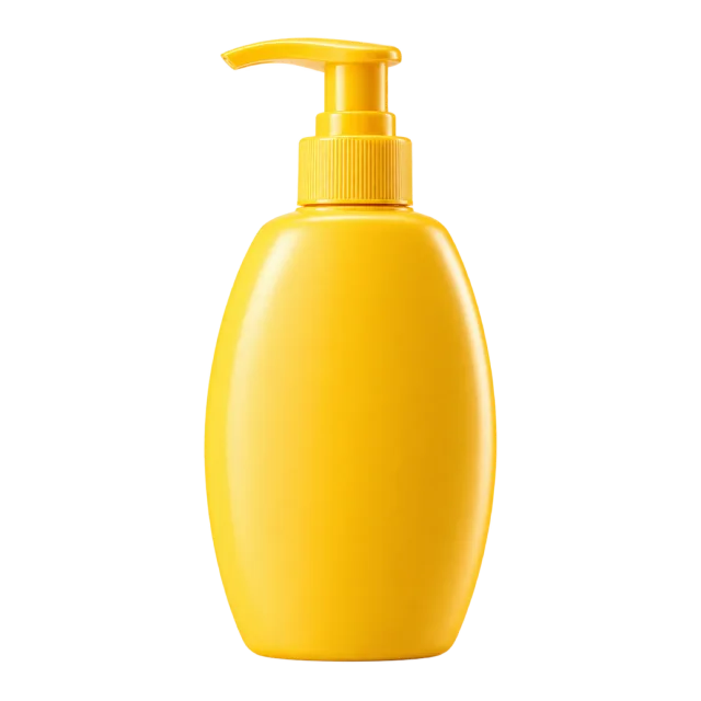 Realistic-style illustration of yellow sunscreen pump bottle