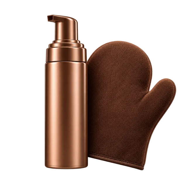 Realistic-style illustration of bronze self tanning mousse pump with mitt
