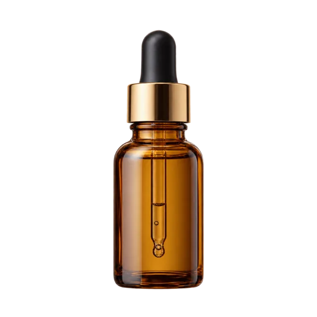 Realistic-style illustration of amber self tanning dropper bottle