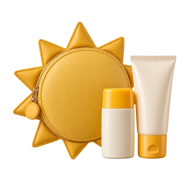 Realistic-style illustration of travel sunscreen duo with sun shaped pouch