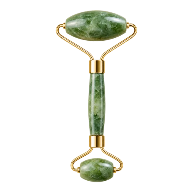 Realistic-style illustration of green stone double ended facial roller