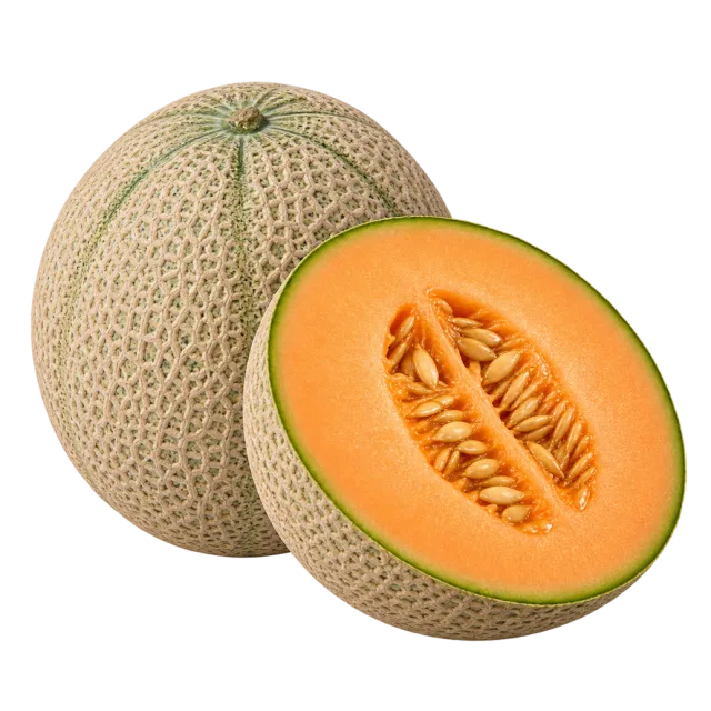 A netted cantaloupe beside a cut half showing orange flesh and seeds