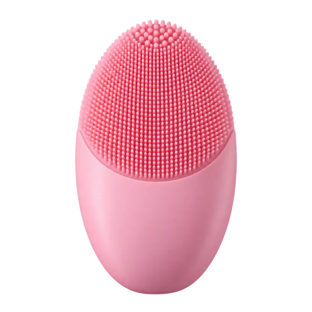 Realistic-style illustration of pink silicone facial cleansing brush