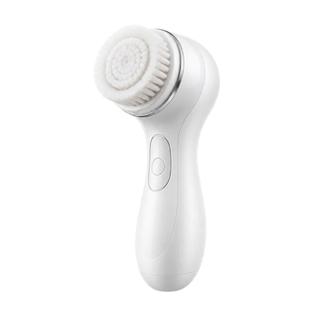 Realistic-style illustration of white facial cleansing device with soft brush head