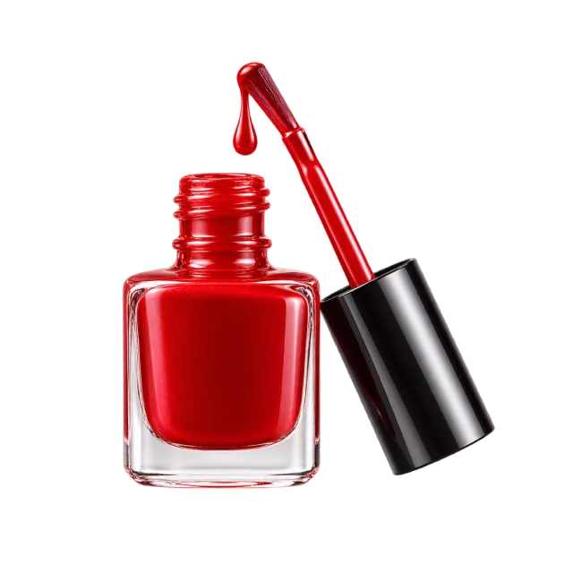 Realistic-style illustration of red nail polish bottle and brush