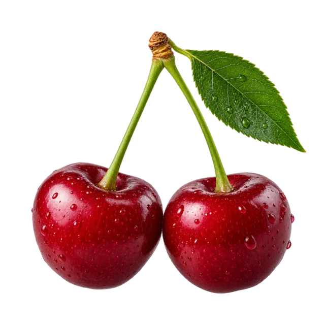 Two glossy red cherries hanging from green stems beneath a leaf
