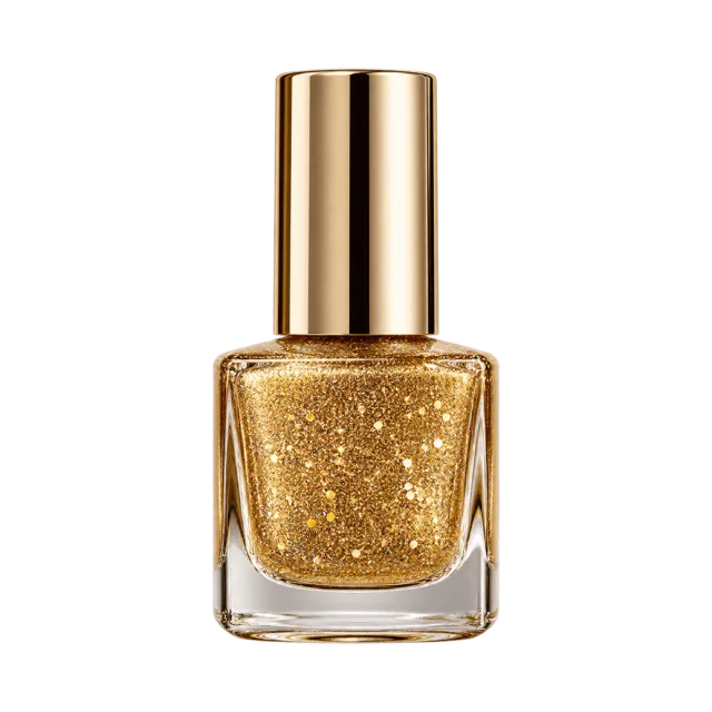Realistic-style illustration of gold glitter nail polish bottle