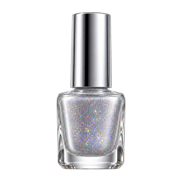 Realistic-style illustration of silver shimmer nail polish bottle