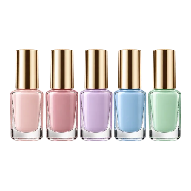 Realistic-style illustration of five pastel nail polish bottles in a row
