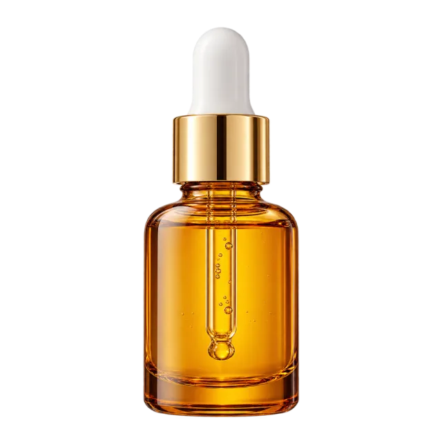 Realistic-style illustration of amber cuticle oil bottle with dropper