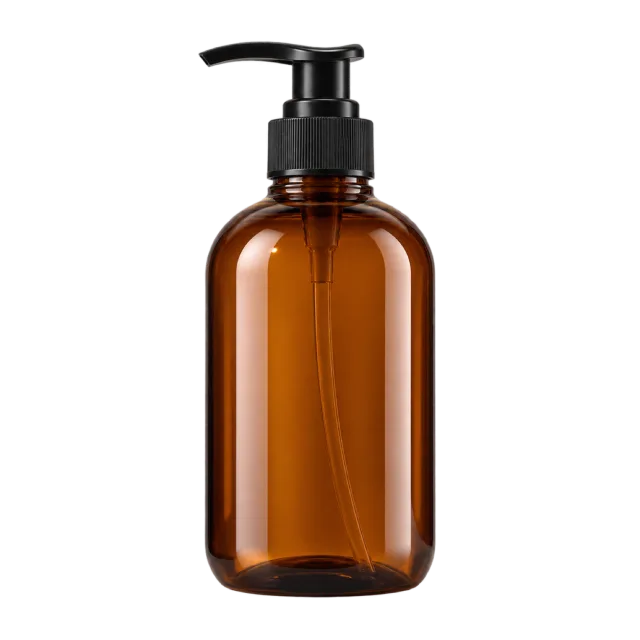 Realistic-style illustration of amber shampoo pump bottle