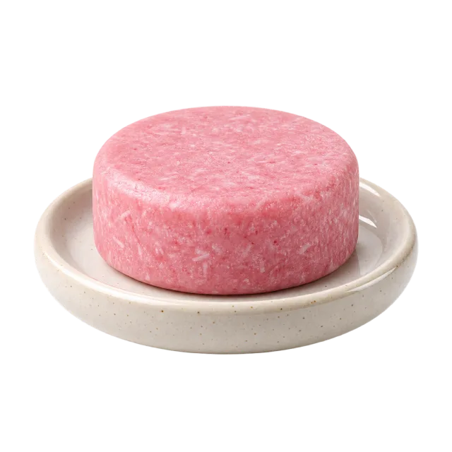 Realistic-style illustration of pink shampoo bar on ceramic dish