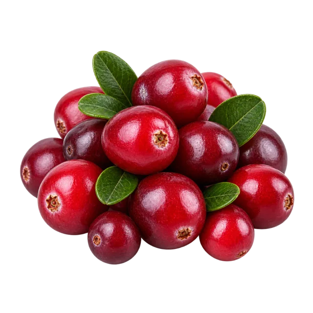 A cluster of glossy red cranberries with small green leaves