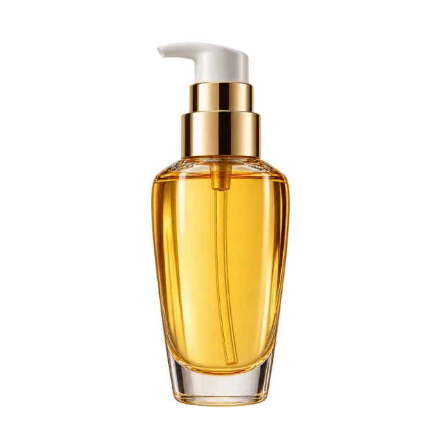 Realistic-style illustration of golden hair oil in clear pump bottle